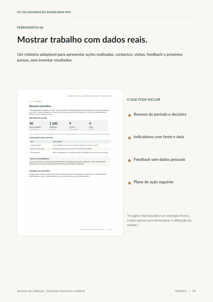 Página de exemplo de relatório de acompanhamento imobiliário