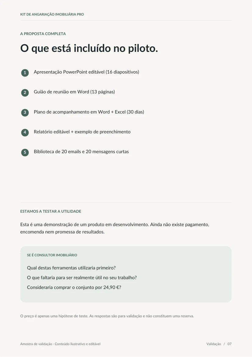 Resumo da lista real de ficheiros incluídos no kit piloto